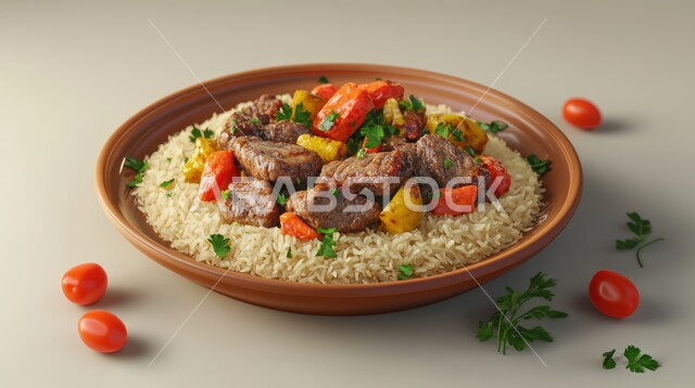 وجبة ذات قيمة غذائية عالية ،مطاعم للمأكولات الشرقية في المملكة العربية السعودية  ،صورة مقربة لطبق من الرز واللحم البقري مع الخضروات  الشهية ،وصفات المطبخ السعودي الغني بالنكهات ،أطعمة غنية بالبروتين، خلفية بيضاء