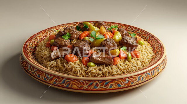 وجبة ذات قيمة غذائية عالية ،مطاعم للمأكولات الشرقية في المملكة العربية السعودية  ،صورة مقربة لطبق من الرز واللحم البقري مع الخضروات  الشهية ،وصفات المطبخ السعودي الغني بالنكهات ،أطعمة غنية بالبروتين، خلفية بيضاء