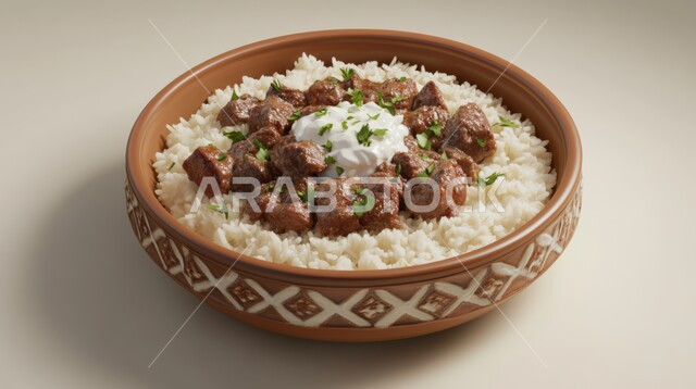 الأطعمة الغنية بالبروتين، طبق فخاري من الأرز ولحم الضأن المسلوق المزين  بصلصة الزبادي والبقدونس، فن تحضير وتزيين وتقديم الطعام في مطاعم ومطابخ المملكة العربية السعودية، أكلات شعبية تقليدية مشهورة، خلفية بيج