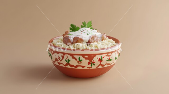 الأطعمة الغنية بالبروتين، طبق فخاري من الأرز ولحم الضأن المسلوق المزين  بصلصة الزبادي والبقدونس، فن تحضير وتزيين وتقديم الطعام في مطاعم ومطابخ المملكة العربية السعودية، أكلات شعبية تقليدية مشهورة، خلفية بيج