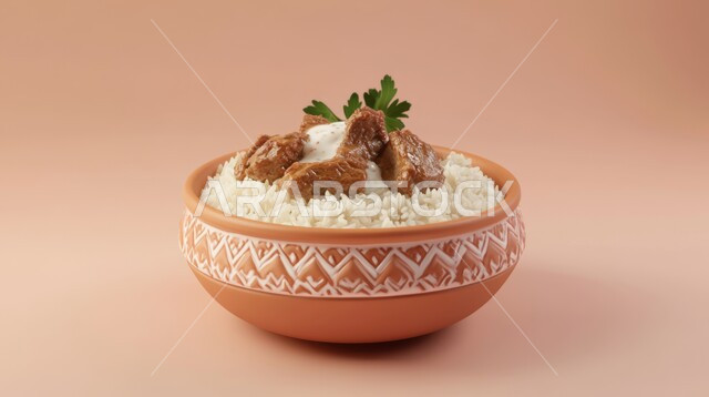 الأطعمة الغنية بالبروتين، طبق فخاري من الأرز ولحم الضأن المسلوق المزين  بصلصة الزبادي والبقدونس، فن تحضير وتزيين وتقديم الطعام في مطاعم ومطابخ المملكة العربية السعودية، أكلات شعبية تقليدية مشهورة، خلفية بيج
