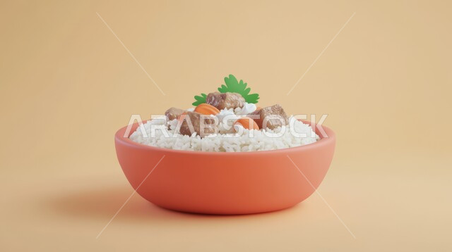 الأطعمة الغنية بالبروتين، طبق فخاري من الأرز ولحم الضأن المسلوق المزين  بصلصة الزبادي والبقدونس، فن تحضير وتزيين وتقديم الطعام في مطاعم ومطابخ المملكة العربية السعودية، أكلات شعبية تقليدية مشهورة، خلفية بيج