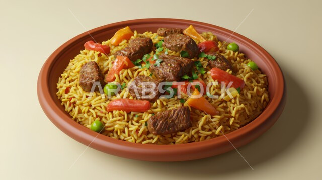 High nutritional value meal, Oriental food restaurants in Saudi Arabia, Close-up of a plate of rice and beef with delicious vegetables, Saudi cuisine recipes rich in flavors, Protein-rich foods, white background
