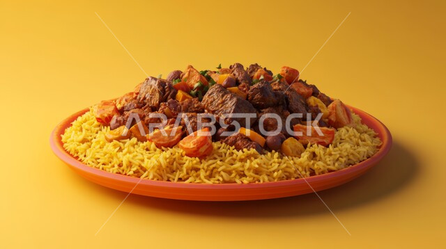 وجبة ذات قيمة غذائية عالية ،مطاعم للمأكولات الشرقية في المملكة العربية السعودية  ،صورة مقربة لطبق من الرز واللحم البقري مع الخضروات  الشهية ،وصفات المطبخ السعودي الغني بالنكهات ،أطعمة غنية بالبروتين، خلفية بيضاء