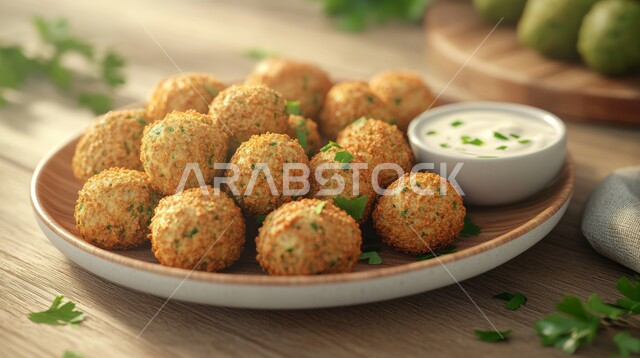 المأكولات العربية الشرقية، طبق من اقراص الفلافل المقرمشة مع البقدونس والصوص اللذيذ، وجبات الطعام الشعبية الشهية، المطاعم التقليدية في المملكة العربية السعودية، أطعمة غنية بالحبوب والبروتينات