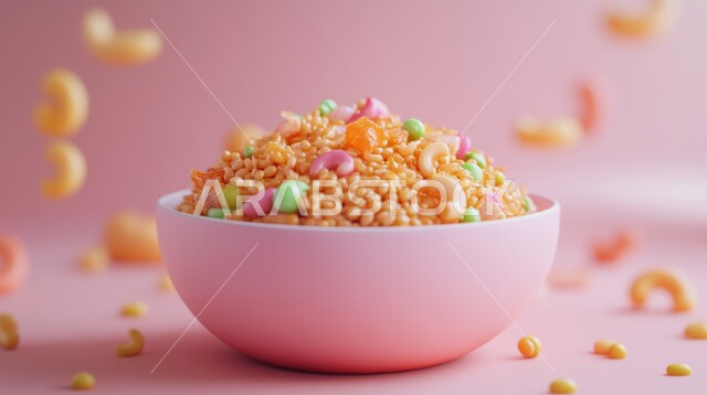 أطباق شعبية تقليدية، مطاعم عربية شرقية، وصفات وأطباق طعام لذيذة، صورة مقربة لطبق من الكشري المصري الشهير المكون من العدس والأرز، خلفية وردية