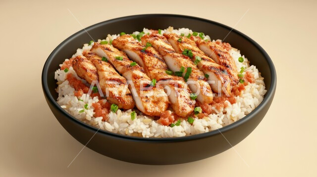 فنون تقديم الطعام في مطاعم المأكولات التقليدية الشرقية، طبق من الأرز مع قطع الدجاج المزين بالبقدونس، وصفات وأطباق طعام لذيذة صحية، أكلات شعبية عربية خليجية سعودية، خلفية بيج