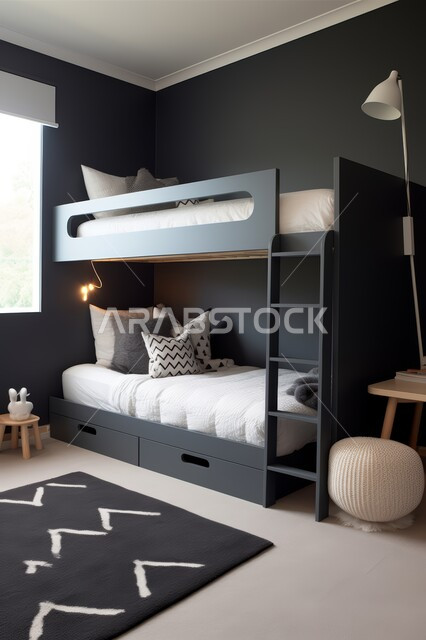 سرير بطابقين بديكور باللونين الأبيض والأسود في غرفة نوم أنيقة, الديكورات الداخلية الراقية للبيوت في المملكة العربية,  تصميم داخلي فاخر لغرف نوم الاطفال, الاشكال العصرية والمبتكرة للاسرة, الاثاث والاكسسوار الراقي لغرفة اولاد معاصرة, فلل و شقق سكنية في المملكة 