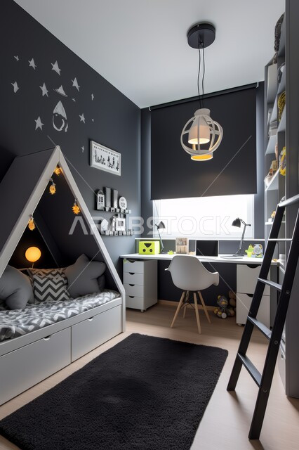 غرفة اولاد حديثة مع سرير على شكل مثلث ومكتب وطاولة سوداء, الديكورات الداخلية الراقية للبيوت في المملكة العربية,  تصميم داخلي فاخر لغرف نوم الاطفال, الاشكال العصرية والمبتكرة للاسرة, الاثاث والاكسسوار الراقي لغرفة اولاد معاصرة, فلل و شقق سكنية في المملكة 