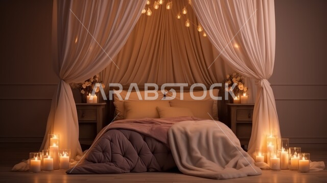 غرفة نوم مضاءة بالشموع مريحة مع سرير مغطى بستائر بيضاء, الديكورات الداخلية الراقية للبيوت في المملكة العربية,  تصميم داخلي فاخر لغرف المنامة, الاشكال العصرية والمبتكرة للاسرة, الاثاث والاكسسوار الراقي للغرف المعاصرة, فلل و شقق سكنية في المملكة 