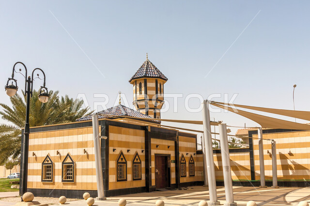 Modern architectural art of the Taj Garden Mosque in Al-Muather in Riyadh, interest in religious landmarks and places in the Kingdom of Saudi Arabia, architectural designs and decorations of domes and minarets in mosques, Islamic background