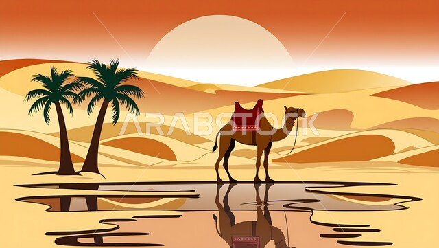 تربية الجمال في محمية طبيعية بالمناطق الصحراوية، الاهتمام بحيوان الابل في المملكة العربية السعودية, نوق عربية شقراء أصيلة في الصحاري الخليجية, صورة توضيحية لجمل يقف على الرمال الذهبية اللامعة قرب واحة مياة, خلفية السماء وقت الغروب