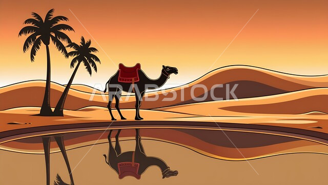 تربية الجمال في محمية طبيعية بالمناطق الصحراوية، الاهتمام بحيوان الابل في المملكة العربية السعودية, نوق عربية شقراء أصيلة في الصحاري الخليجية, صورة توضيحية لجمل يقف على الرمال الذهبية اللامعة قرب واحة مياة, خلفية السماء وقت الغروب