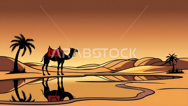 تربية الجمال في محمية طبيعية بالمناطق الصحراوية، الاهتمام بحيوان الابل في المملكة العربية السعودية, نوق عربية شقراء أصيلة في الصحاري الخليجية, صورة توضيحية لجمل يقف على الرمال الذهبية اللامعة قرب واحة مياة, خلفية السماء وقت الغروب