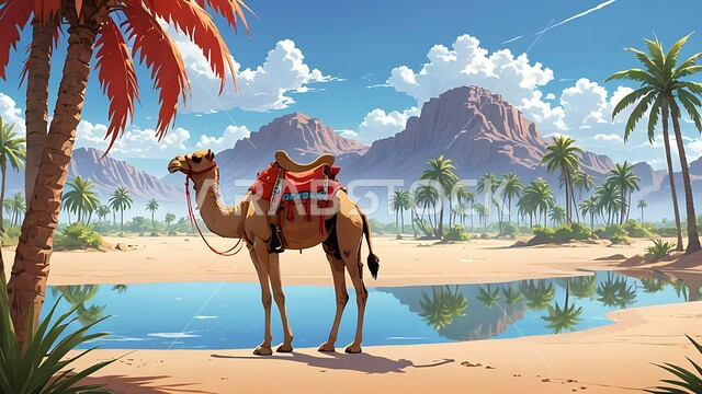 تربية الجمال في محمية طبيعية بالمناطق الصحراوية، الاهتمام بحيوان الابل في المملكة العربية السعودية, نوق عربية شقراء أصيلة في الصحاري الخليجية, صورة توضيحية لجمل يقف على الرمال الذهبية اللامعة قرب واحة مياة, خلفية السماء وقت الغروب