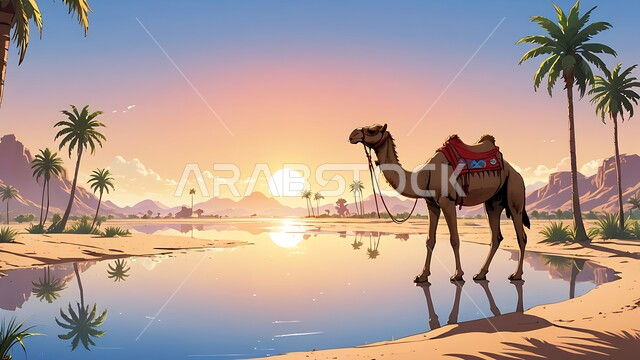 تربية الجمال في محمية طبيعية بالمناطق الصحراوية، الاهتمام بحيوان الابل في المملكة العربية السعودية, نوق عربية شقراء أصيلة في الصحاري الخليجية, صورة توضيحية لجمل يقف على الرمال الذهبية اللامعة قرب واحة مياة, خلفية السماء وقت الغروب
