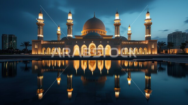 الاهتمام بالمناظر الخارجية للجوامع في السعودية’ أماكن ومعالم اسلامية مقدسة،، مسجد مضاء محاط ببحيرة ماء ليلا، الفن الهندسي المعماري لبناء المساجد على الطراز الإسلامي العريق في المملكة العربية، العباده والتقرب إلى الله