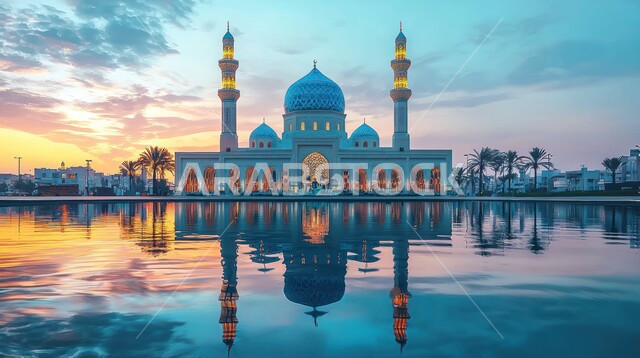 الاهتمام بالمناظر الخارجية للجوامع في السعودية’ أماكن ومعالم اسلامية مقدسة،، مسجد مضاء محاط ببحيرة ماء ليلا، الفن الهندسي المعماري لبناء المساجد على الطراز الإسلامي العريق في المملكة العربية، العباده والتقرب إلى الله