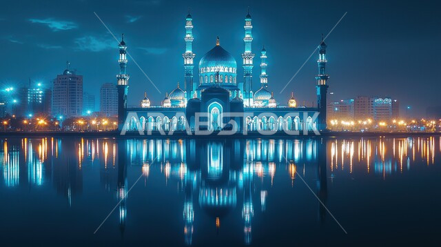 الاهتمام بالمناظر الخارجية للجوامع في السعودية’ أماكن ومعالم اسلامية مقدسة،، مسجد مضاء محاط ببحيرة ماء ليلا، الفن الهندسي المعماري لبناء المساجد على الطراز الإسلامي العريق في المملكة العربية، العباده والتقرب إلى الله