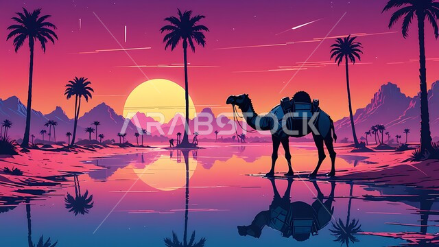 الاهتمام بحيوان الابل في المملكة العربية السعودية, تربية الجمال في محمية طبيعية بالمناطق الصحراوية، نوق عربية شقراء أصيلة في الصحاري الخليجية, صورة توضيحية لجمل يقف على الرمال الذهبية اللامعة قرب واحة مياة, خلفية السماء وقت الغروب