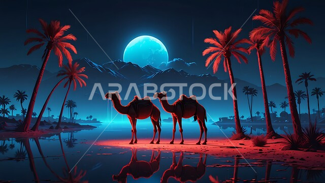 الاهتمام بحيوان الابل في المملكة العربية السعودية, تربية الجمال في محمية طبيعية بالمناطق الصحراوية، نوق عربية شقراء أصيلة في الصحاري الخليجية, صورة توضيحية لجمل يقف على الرمال الذهبية اللامعة قرب واحة مياة, خلفية السماء وقت الغروب