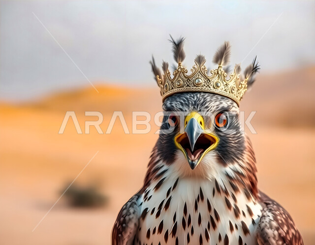 الطيور الجارحة في المملكة العربية السعودية, مفهوم الافتراس وحدة البصر, صوة مقربة لطائر النسر الجارح يضع تاج معدني ذهبي اللون في المناطق الصحراوية، المنقار الحاد المدبب، العيون ذات النظر الثاقب لصيد الفريسة، رمز القوة والملكية، العناية والاهتمام بالحيوانات البرية 