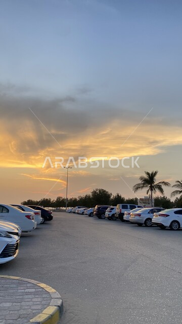 الاهتمام بزراعة أشجار النخيل الخضراء في المدن الساحلية، منظر سماء سلطنة عمان في وقت غروب الشمس ، توفير خدمة اصطفاف  السيارات في الطرق والشوارع المعبدة