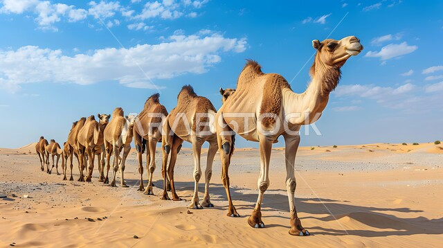 قافلة من الجمال  تسير على الكثبان الرملية في الصحراء, رعاية حيوانات الركوب في صحاري المملكة العربية السعودية, تربية الابل في المحميات الطبيعية في المناطق الصحراوية, الاهتمام بالثدييات والمواشي