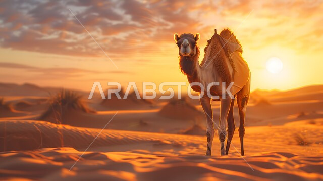 رعاية الابل في صحاري المملكة العربية السعودية, تربية الجمال في المحميات الطبيعية في المناطق الصحراوية, الاهتمام بالثدييات والمواشي, جمل يقف على الكثبان الرملية وقت غروب الشمس