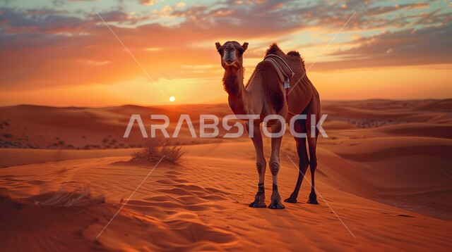 الاهتمام بالثدييات والمواشي, جمل يقف على الكثبان الرملية وقت غروب الشمس, رعاية الابل في صحاري المملكة العربية السعودية, تربية الجمال في المحميات الطبيعية في المناطق الصحراوية