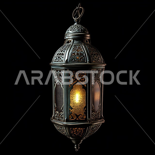  فانوس باللون الاسود عربي معدني مزخرف مضيء، إضاءة وزينة شهر رمضان المبارك، مصابيح وأنوار في الأجواء الرمضانية الروحانية، فوانيس وتحف اسلامية تقليدية للاحتفال بقدوم شهر الخير، خلفية سوداء