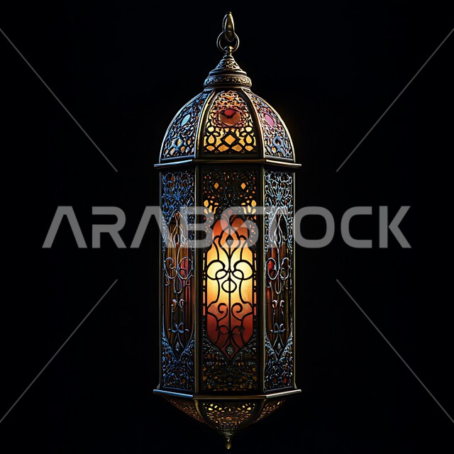 Black Arabic metal decorative lantern illuminated, Ramadan lighting and decoration, lamps and lights in the spiritual Ramadan atmosphere, traditional Islamic lanterns and artifacts to celebrate the arrival of the month of goodness, black background