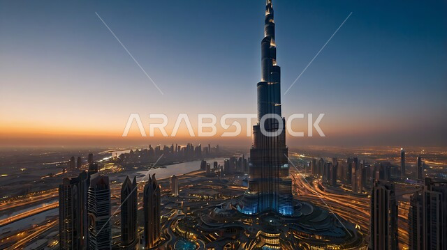 Urban development and growth on the waterfront in the Arabian Gulf, Burj Khalifa in Dubai at sunset, tourist destination in the United Arab Emirates, modern architectural art of towers and skyscrapers, attracting and attracting tourists from all over the world