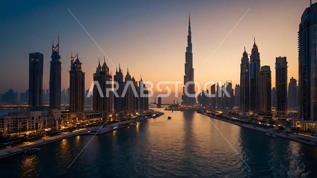 النمو والتطور العمراني على الواجهه البحرية في الخليج العربي، الفن الهندسي المعماري على الطراز الحديث للأبراج وناطحات السحاب، جذب واستقطاب السياح من انحاء العالم، برج خليفة في مدينة دبي وقت غروب الشمس، الوجهة السياحية في الامارات العربية المتحدة