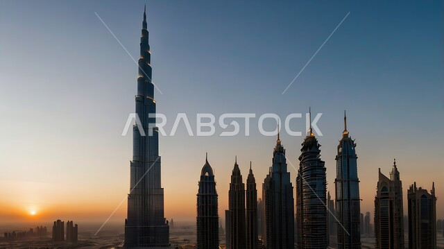 الفن الهندسي المعماري على الطراز الحديث للأبراج وناطحات السحاب، جذب واستقطاب السياح من انحاء العالم، برج خليفة في مدينة دبي وقت غروب الشمس، الواجهة السياحية في الامارات العربية المتحدة, النمو والتطور العمراني على الواجهه البحرية في الخليج العربي