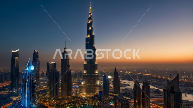 Urban development and growth on the waterfront in the Arabian Gulf, Burj Khalifa in Dubai at sunset, tourist destination in the United Arab Emirates, modern architectural art of towers and skyscrapers, attracting and attracting tourists from all over the world