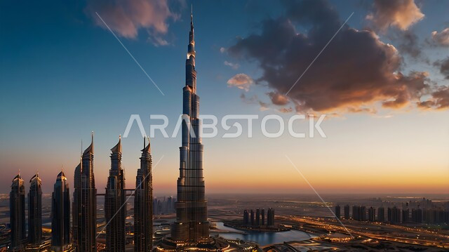 الفن الهندسي المعماري على الطراز الحديث للأبراج وناطحات السحاب، جذب واستقطاب السياح من انحاء العالم، برج خليفة في مدينة دبي وقت غروب الشمس، الواجهة السياحية في الامارات العربية المتحدة, النمو والتطور العمراني على الواجهه البحرية في الخليج العربي