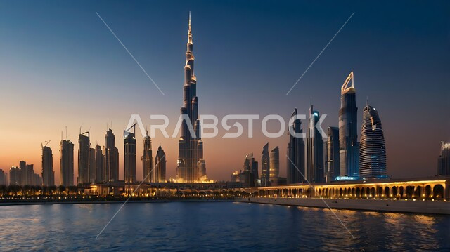 النمو والتطور العمراني على الواجهه البحرية في الخليج العربي، الفن الهندسي المعماري على الطراز الحديث للأبراج وناطحات السحاب، جذب واستقطاب السياح من انحاء العالم، برج خليفة في مدينة دبي وقت غروب الشمس، الوجهة السياحية في الامارات العربية المتحدة