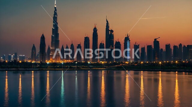 النمو والتطور العمراني على الواجهه البحرية في الخليج العربي، الفن الهندسي المعماري على الطراز الحديث للأبراج وناطحات السحاب، جذب واستقطاب السياح من انحاء العالم، برج خليفة في مدينة دبي وقت غروب الشمس، الوجهة السياحية في الامارات العربية المتحدة