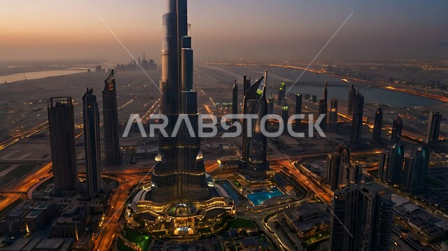 الفن الهندسي المعماري على الطراز الحديث للأبراج وناطحات السحاب، جذب واستقطاب السياح من انحاء العالم، برج خليفة في مدينة دبي وقت غروب الشمس، الواجهة السياحية في الامارات العربية المتحدة, النمو والتطور العمراني على الواجهه البحرية في الخليج العربي