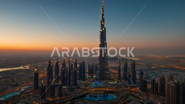 Modern architectural style of towers and skyscrapers, attracting and attracting tourists from all over the world, Burj Khalifa in Dubai at sunset, tourist destination in the United Arab Emirates, urban growth and development on the waterfront in the Arabian Gulf