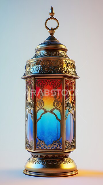  فوانيس وتحف اسلامية تقليدية للاحتفال بقدوم شهر الخير، فانوس باللون الذهبي عربي معدني مزخرف مضيء، إضاءة وزينة شهر رمضان المبارك، مصابيح وأنوار في الأجواء الرمضانية الروحانية، خلفية بيضاء