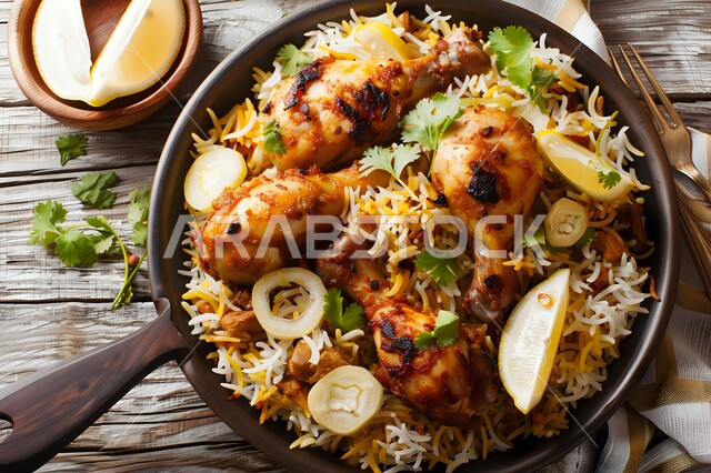 طبق من أرز البرياني وقطع الدجاج المحمرة والمطهية، أرز الكبسة مع الخضراوات والتوابل ,أطباق و ماكولات عربية تقليدية ,وصفات الطعام الصحية الشهية ,فنون تقديم الأطعمة الشرقية اللذيذة