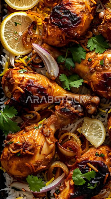 طبق من أرز البرياني وقطع الدجاج المحمرة والمطهية، أرز الكبسة مع الخضراوات والتوابل ,أطباق و ماكولات عربية تقليدية ,وصفات الطعام الصحية الشهية ,فنون تقديم الأطعمة الشرقية اللذيذة
