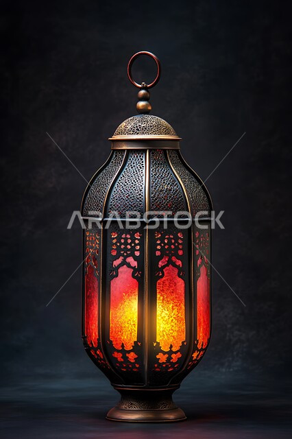تحف وفوانيس اسلامية تقليدية للاحتفال بقدوم شهر الخير، فانوس عربي معدني مزخرف مضيء، إضاءة وزينة شهر رمضان المبارك، مصابيح وأنوار في الأجواء الرمضانية الروحانية