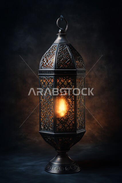 Traditional Islamic lanterns and antiques to celebrate the arrival of the month of goodness, Arabic decorative metal lantern illuminated, Ramadan lighting and decoration, lamps and lights in the spiritual Ramadan atmosphere