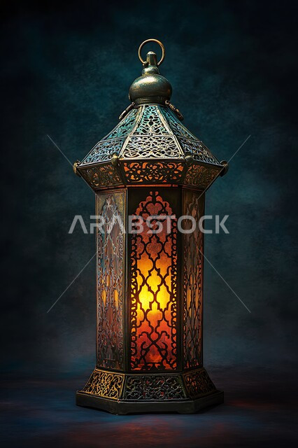 تحف وفوانيس اسلامية تقليدية للاحتفال بقدوم شهر الخير، فانوس عربي معدني مزخرف مضيء، إضاءة وزينة شهر رمضان المبارك، مصابيح وأنوار في الأجواء الرمضانية الروحانية