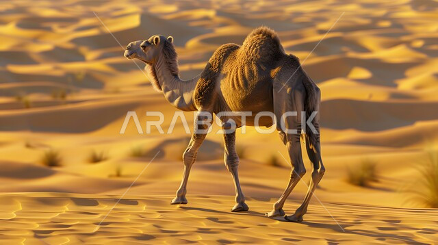 تربية الجمال في المحميات الطبيعية في المناطق الصحراوية, الاهتمام بالثدييات والمواشي, جمل يقف على الكثبان الرملية في الصحراء, رعاية الابل في صحاري المملكة العربية السعودية