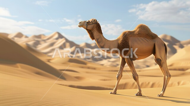 رعاية الابل في صحاري المملكة العربية السعودية, تربية الجمال في المحميات الطبيعية في المناطق الصحراوية, الاهتمام بالثدييات والمواشي, جمل يقف على الكثبان الرملية في الصحراء