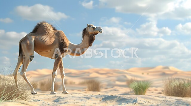 Camel standing on sand dunes in the desert, camel care in the deserts of Saudi Arabia, camel breeding in nature reserves in desert areas, caring for mammals and livestock